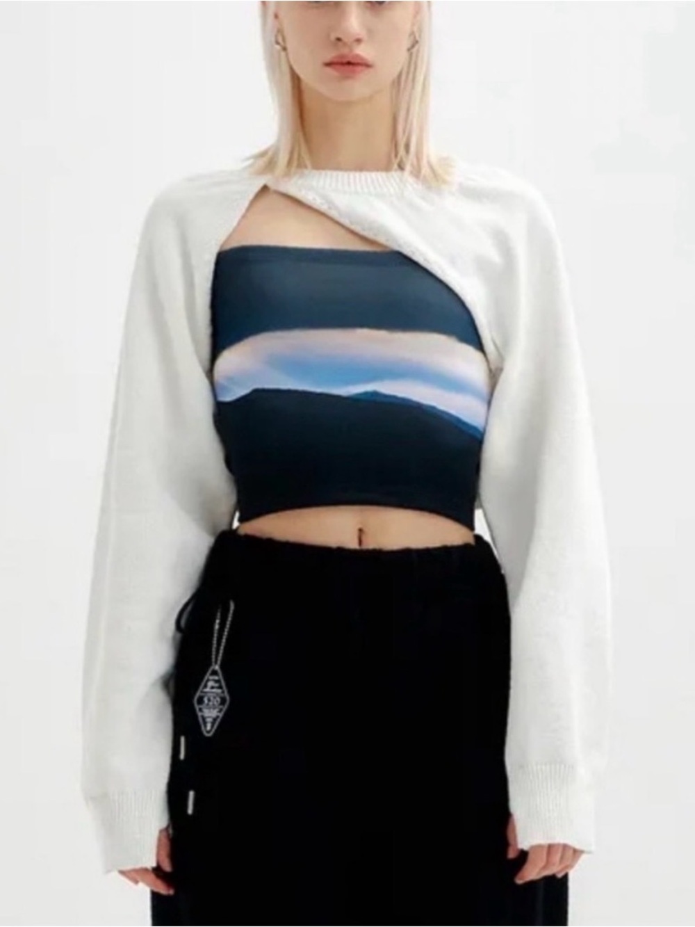 NWOT YUSE Bolero Shrug Cashmere Sweater Unbalanced Knit Ivory K-Pop Glam | OS